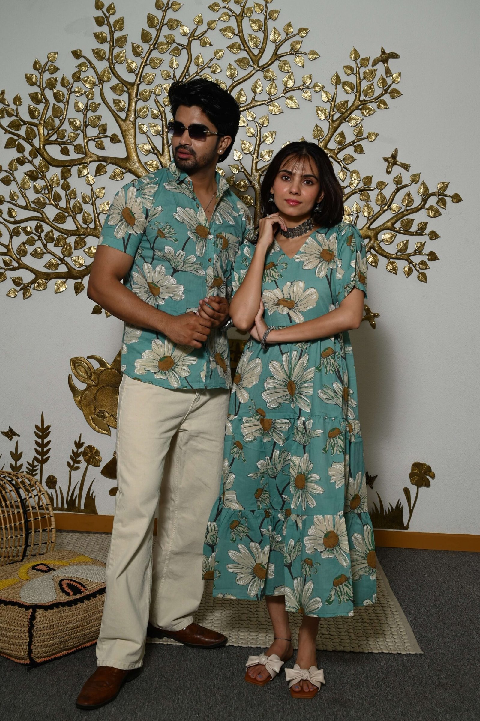 Couple Matching Teal-Blue floral Printed Cotton Anarkali Midi Dress & Shirt Set ? Summer Casual Wear - Image 2