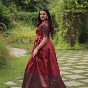 Maroon Banarasi Jacquard Silk Gown ? Elegant Free-Size Designer Party & Wedding Wear