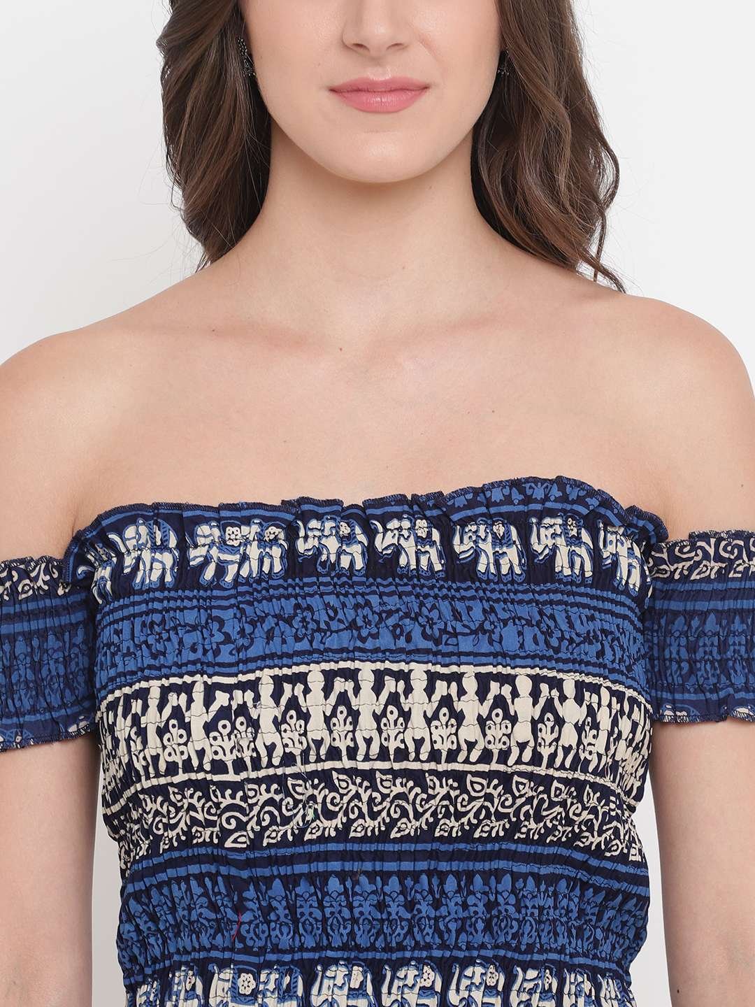 Women's Rayon Printed Off-Shoulder Smocked Crop Top Short Sleeve Casual Styles Tank Top (FREE SIZE) Multi1 - Image 4