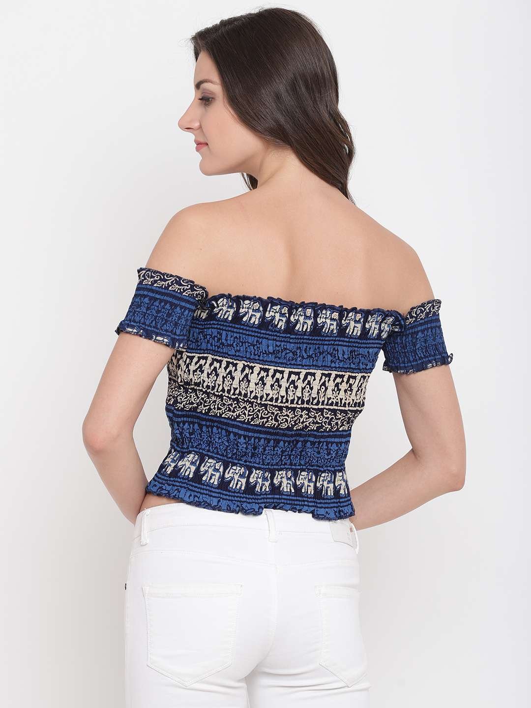 Women's Rayon Printed Off-Shoulder Smocked Crop Top Short Sleeve Casual Styles Tank Top (FREE SIZE) Multi1